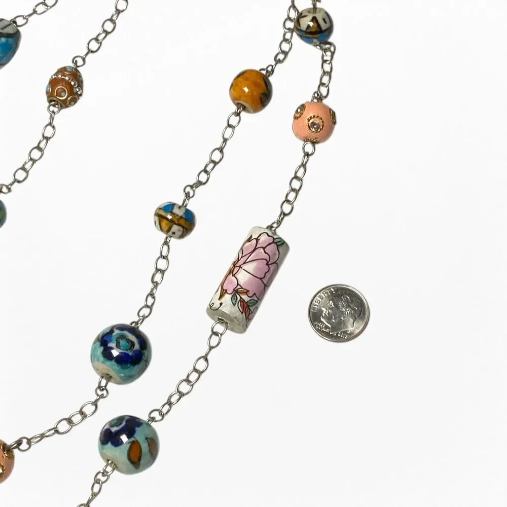 VTG Necklace Ceramic Resin Bead Station Painted Floral Art Long Boho Festival